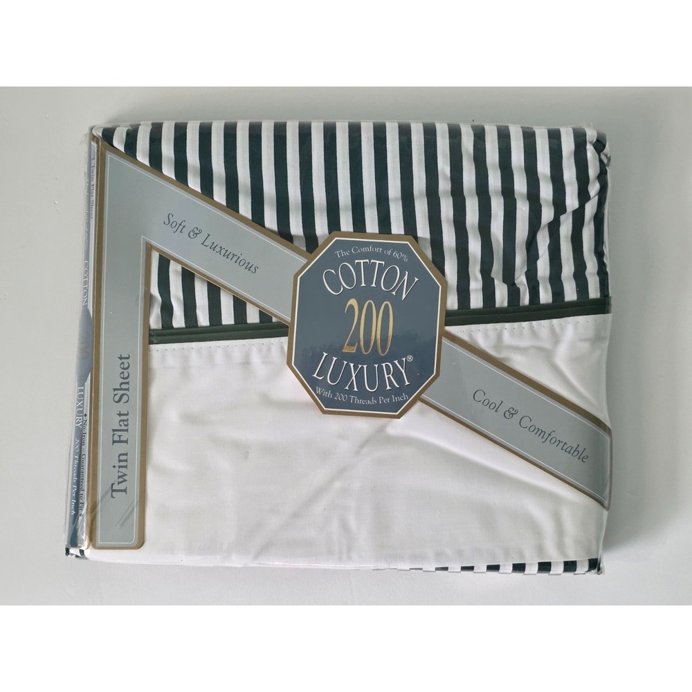 Cotton Luxury 1 Twin Flat Sheet Stripes 200 Threads Classic Green White Soft USA